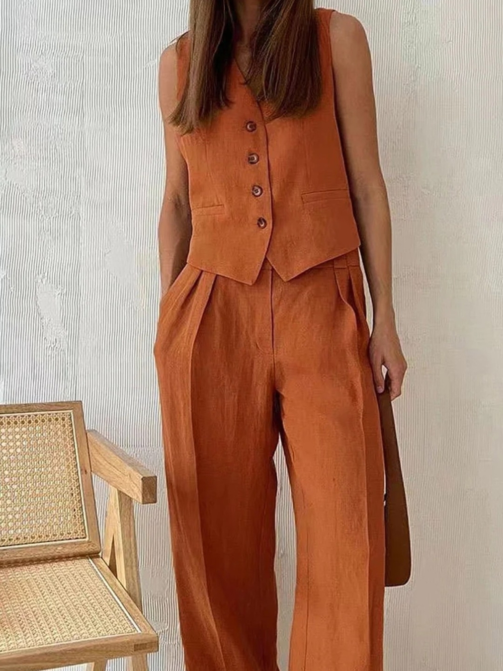 Women's Rust Wide-Leg Linen Blend Trousers